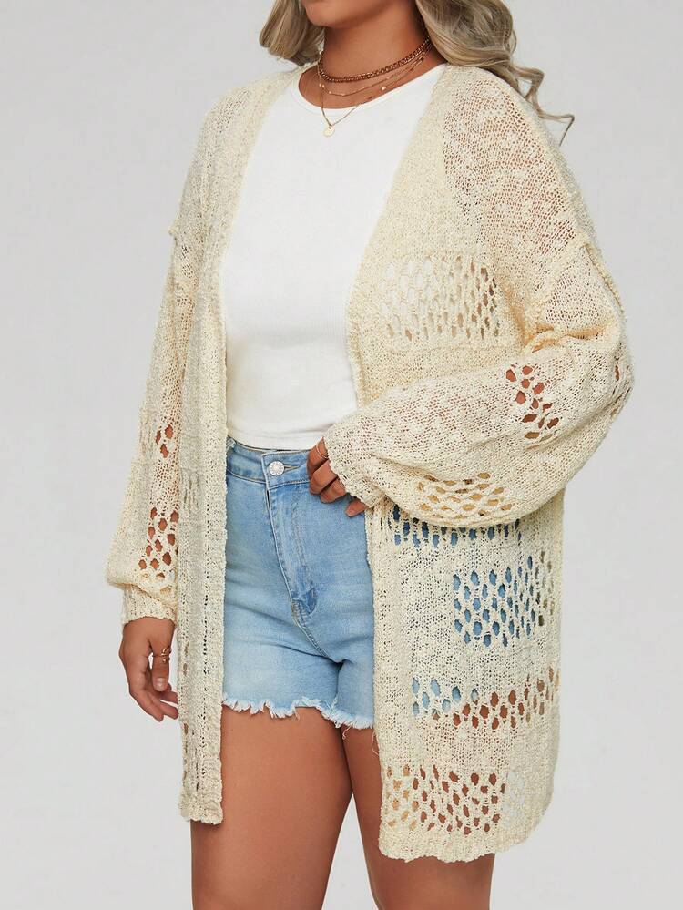 Plus Size Pointelle Knit Drop Shoulder Cardigan Fall Cloth For Women