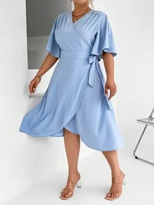 Calvaya Hơn áo tay bướm Nút ven Váy quấn - Màu xanh lam - Xem 4