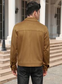 Men Solid Button Front Faux Suede Jacket - Camel - View 2
