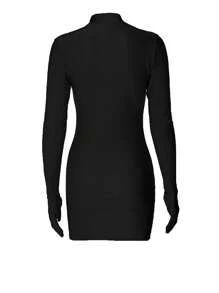 Solid Mock Neck Bodycon Dress With Gloves - Black - View 2