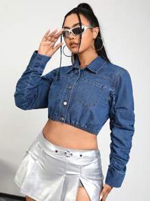 SHEIN ICON Plus Patched Pocket Ruched Sleeve Crop Denim Shirt - Medium Wash - View 3