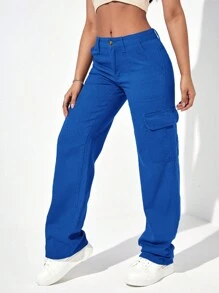 EURMUSE Solid Flap Pocket Cargo Jeans - Royal Blue - View 4