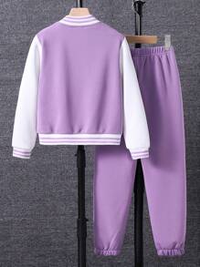 Sparklyn 女大童字母圖案學院風夾克和運動褲不帶T恤 - 淡紫色 - 查看 2