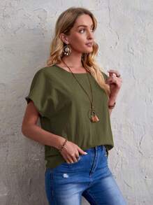 EMERY ROSE Solid Batwing Sleeve Top - Army Green - View 5