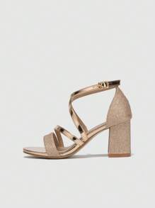 女士夏季新款金属带时尚露趾粗高跟凉鞋 - 香檳色 - 查看 3