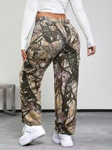 SHEIN EZwear 满版印花翻盖口袋侧边工装牛仔裤 - 綠色 - 查看 5