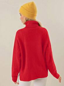 EURMUSE Solid Turtleneck Drop Shoulder Sweater - Red - View 2