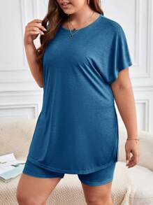 SHEIN Frenchy Plus Batwing Sleeve Tee & Shorts - Blue - View 3