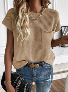 SHEIN LUNE Chất rắn Vá Túi tay cánh Knit ngọn - Màu Khaki - Xem 1