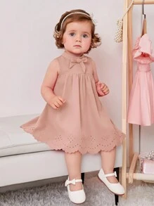 SHEIN Baby Girl Bow Front Laser Cut Out Scallop Trim Dress