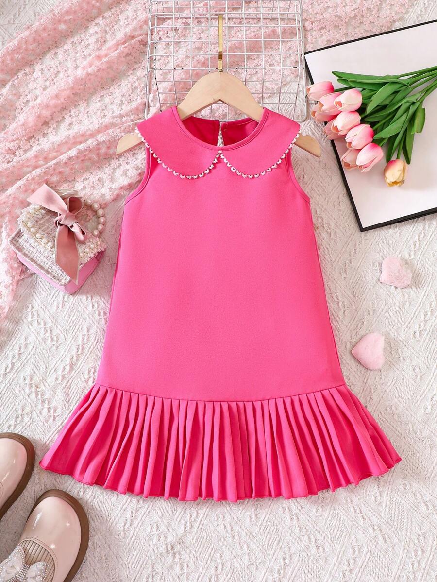 SHEIN 小女童彼得潘領荷葉邊連衣裙 - 玫紅色 - 查看 1