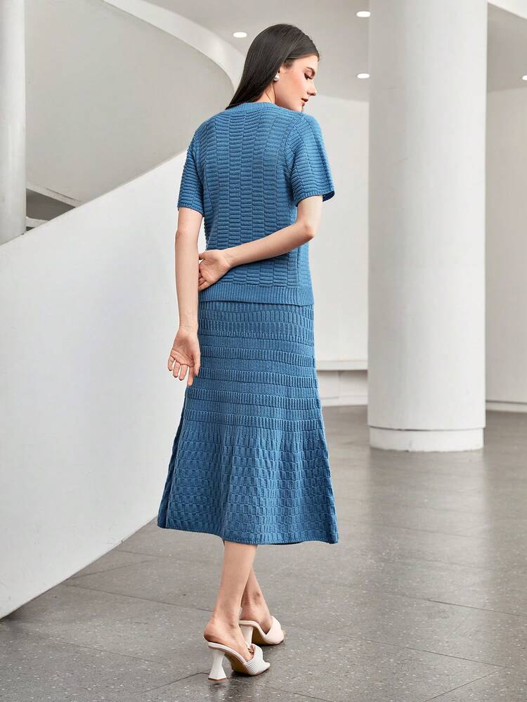 Solid Pointelle Knit Sweater & Knit Skirt Without Belt