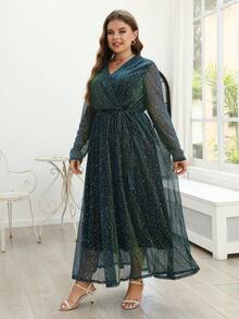 Nemidor Plus Surplice Neck Lantern Sleeve Belted Sequin Dress