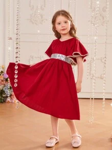 SHEIN 女小童1入組亮片拼接蝴蝶袖洋裝 - 紅色 - 查看 3