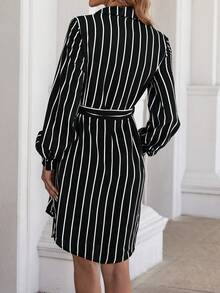 SHEIN Clasi Striped Print Belted Shirt Dress - Black and White - View 2