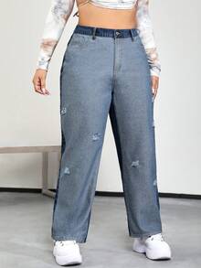 SHEIN ICON Plus Quần Jeans Rách Chân Thẳng Eo Cao - Nhiều màu - Xem 3