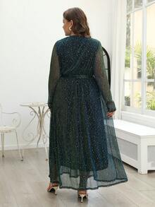 Nemidor Plus Surplice Neck Lantern Sleeve Belted Sequin Dress