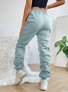 SHEIN PETITE Solid Drawstring Waist Stacked Pants - Green - View 1
