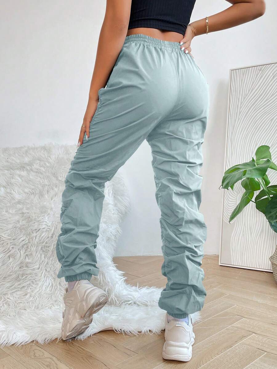 SHEIN PETITE Solid Drawstring Waist Stacked Pants - Green - View 1