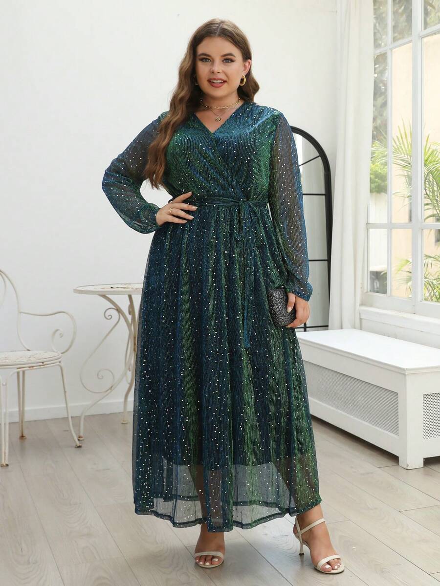 Nemidor Plus Surplice Neck Lantern Sleeve Belted Sequin Dress