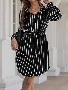 SHEIN Clasi Striped Print Belted Shirt Dress - Black and White - View 3