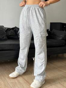 SHEIN Unity Flap Pocket Side Drawstring Waist Sweatpants Graduation,Back To School Outfits,Graduation,Teacher Outfits For Women,Back To School - Grey - View 3