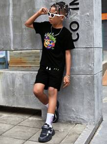 SHEIN Tween Boy Letter & Cartoon Graphic Tee & Shorts - Multicolor - View 6