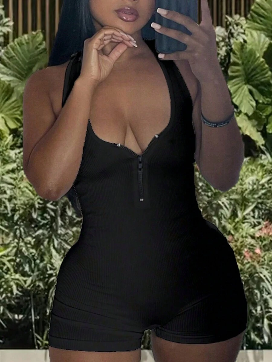 SHEIN Half Zip Ribbed Knit Unitard Romper - Black - View 1