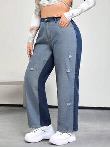 SHEIN ICON Plus Quần Jeans Rách Chân Thẳng Eo Cao - Nhiều màu - Xem 4