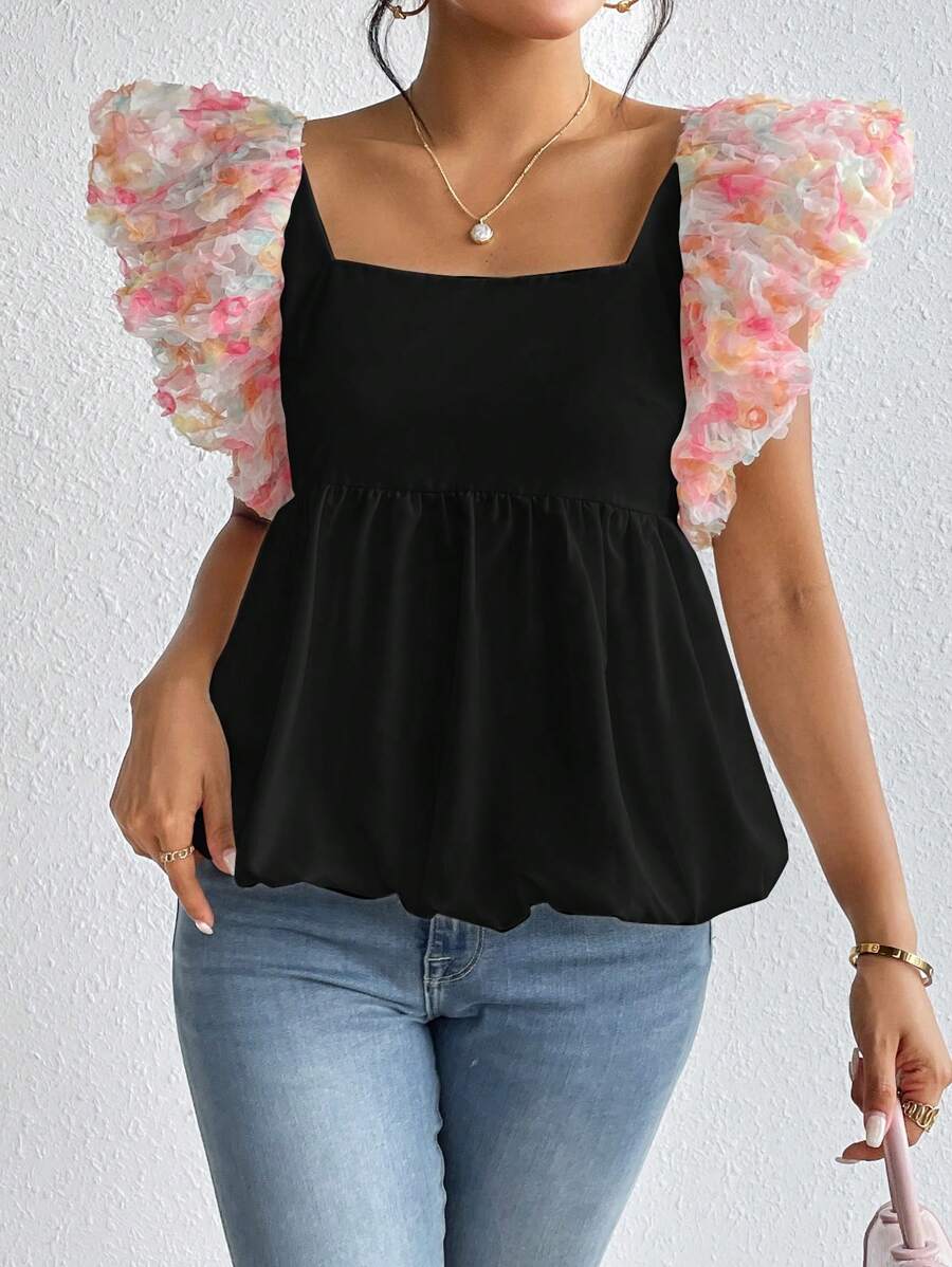 SHEIN Privé Floral Appliques Ruffle Trim Peplum Blouse - Black - View 1