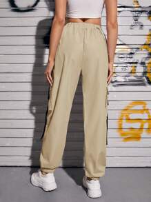 EURMUSE Buckle Tape Flap Pocket Cargo Pants With Chain - Apricot - View 2