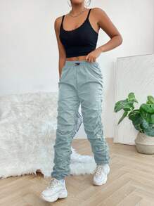 SHEIN PETITE Solid Drawstring Waist Stacked Pants - Green - View 3