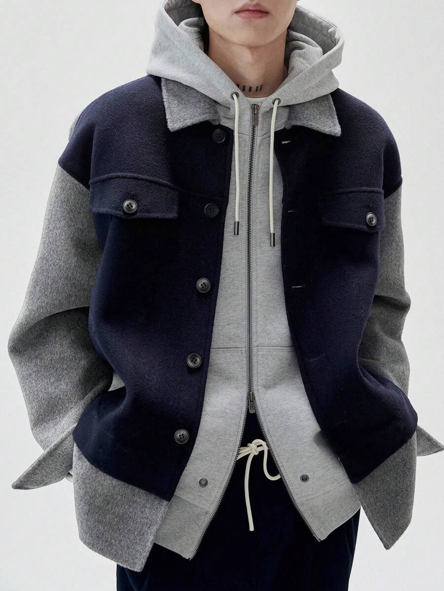 Manfinity EMRG 男士顏色拼接下垂肩外套,寬鬆版型,無帽款式 - 藍色 - 查看 1