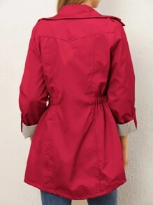 RueChic Roll Tab Sleeve Drawstring Waist Coat - Red - View 2