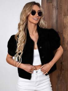 Cazadora mezclilla de manga farol con botón delantero - Negro - Ver 5