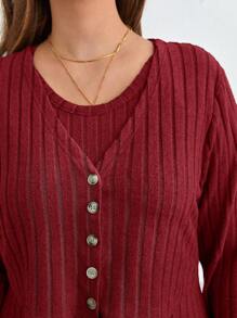 SHEIN Frenchy 大碼條紋針織夾克&洋裝 - 酒紅色 - 查看 4