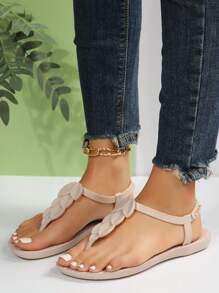 Fashionable Casual Round Ring Thong Roman Style Flat Sandals - Apricot - View 7