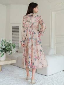 DAZY 花卉印花喇叭袖连衣裙，秋季连衣裙长袖连衣裙 - 粉色 - 查看 2