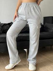 SHEIN Unity Flap Pocket Side Drawstring Waist Sweatpants Graduation,Back To School Outfits,Graduation,Teacher Outfits For Women,Back To School - Grey - View 4