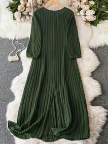 SHEIN LUNE Plus Tie Front Lantern Sleeve Dress Fall Cloth For Women - Army Green - View 2