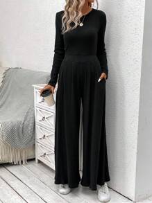 SHEIN LUNE Slim Fit Basic Long Sleeve T-Shirt And Loose Elastic Waist Wide Leg Pants 2pcs/Set - Black - View 4