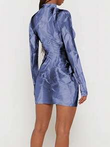 Tie Dye Mock Neck Bodycon Dress - Blue - View 2