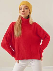 EURMUSE Solid Turtleneck Drop Shoulder Sweater - Red - View 4