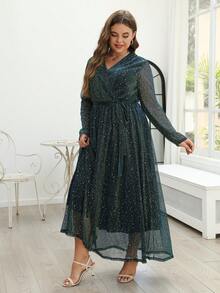 Nemidor Plus Surplice Neck Lantern Sleeve Belted Sequin Dress
