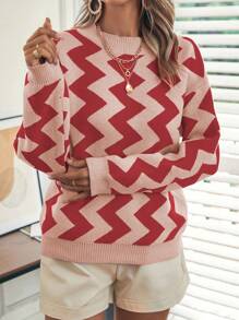 SHEIN LUNE 新年服装人字形图案落肩毛衣 - 紅色 - 查看 5