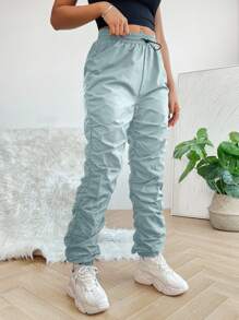 SHEIN PETITE Solid Drawstring Waist Stacked Pants - Green - View 2