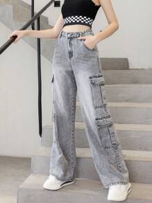 SHEIN Explorewe Teen Girls Flap Pocket Cargo Jeans - Dark Grey - View 3