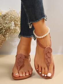 Fashionable Casual Round Ring Thong Flat Roman Style Sandals - Khaki - View 5