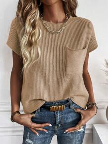 SHEIN LUNE Chất rắn Vá Túi tay cánh Knit ngọn - Màu Khaki - Xem 6