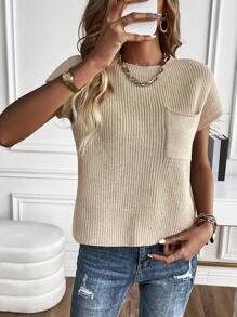 SHEIN LUNE Solid Pocket Patched Knit Top - Apricot - View 4
